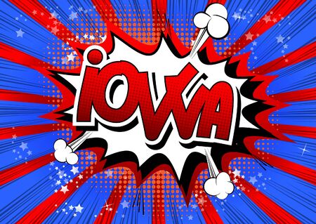 Iowa - Comic book style word on comic book abstract background.のイラスト素材