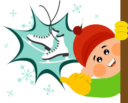 Vector illustrated cartoon cute boy showing an ice skate.のイラスト素材