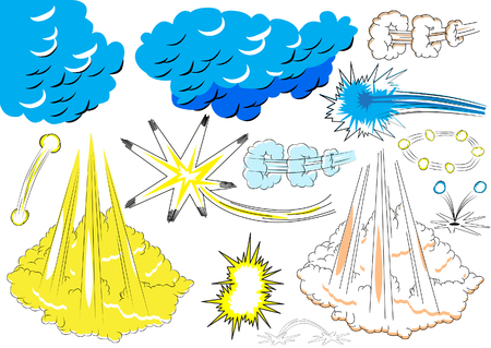 Vector illustrated comic book style elements and explosions on white background.のイラスト素材