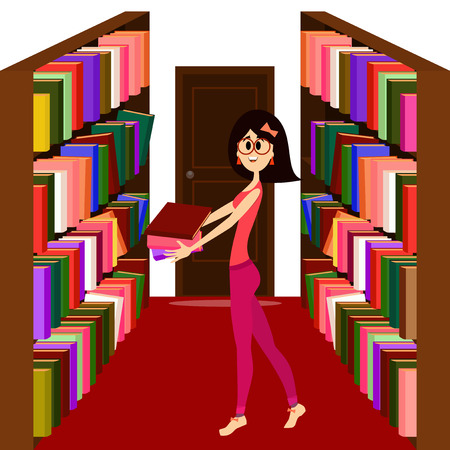 Pretty girl holding books in a library.のイラスト素材