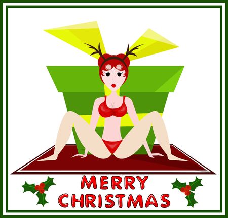 Vector illustrated cartoon sexy Christmas woman with a big gift box.のイラスト素材