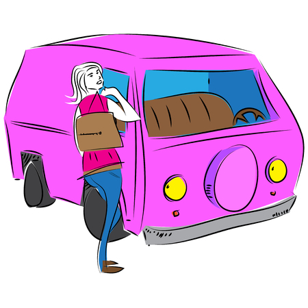 Drawn graphics with beautiful young attractive fashion girl and old car.のイラスト素材