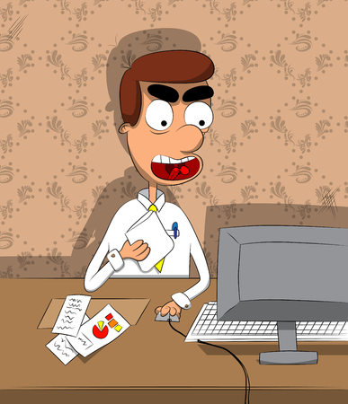 Cartoon young depressed businessman in his office looking down to his pc monitor.のイラスト素材