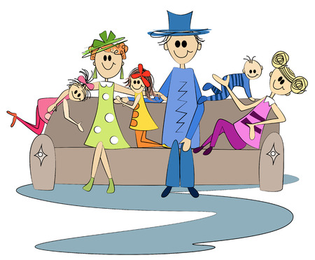 Illustration of a cute happy family sitting on couch.のイラスト素材