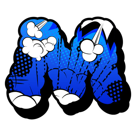 Letter M filled with comic book explosion, background.のイラスト素材