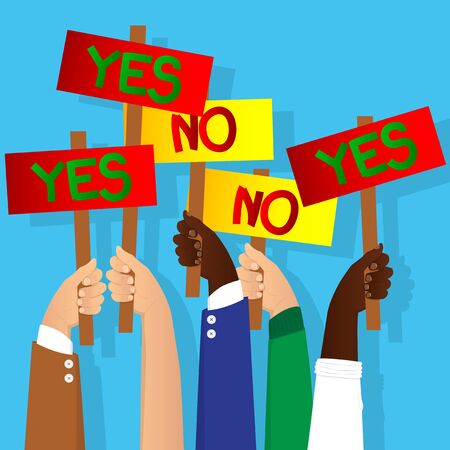 Vector illustrated cartoon hands holding yes and no vote signs.のイラスト素材