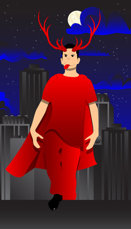 Vector illustrated cartoon superhero standing on a rooftop in the city at night.のイラスト素材