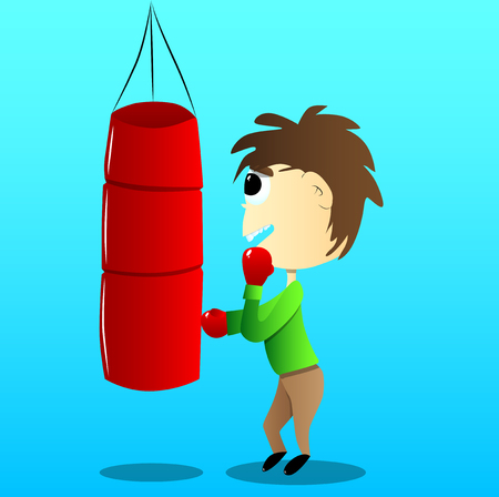 Vector illustrated cartoon cute boxing kid hitting a sandbag.のイラスト素材