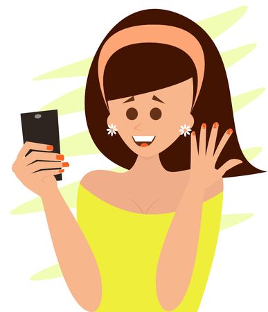 Pretty girl makes selfie with her shiny nails.のイラスト素材