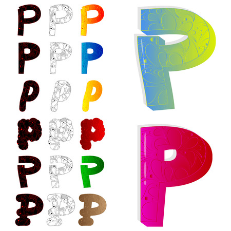 Artistic design of a Vector illustrated set of letter P, filled with floral elements.のイラスト素材