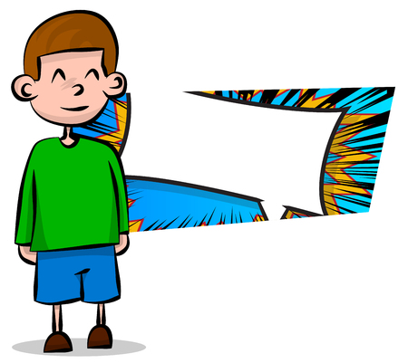 Retro style simple cartoon boy with comic book filled banner. Vector illustration.のイラスト素材
