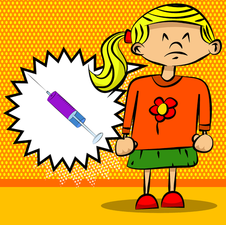 Vector illustrated cartoon sad little girl thinks to vaccination(syringe in a speech bubble).のイラスト素材