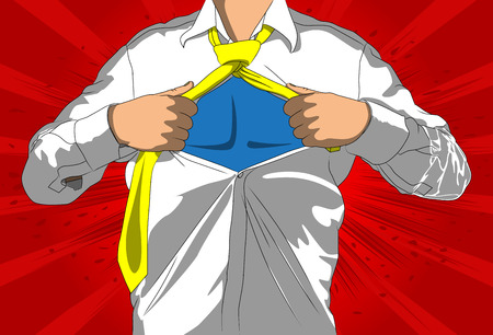 Pop art businessman acting like a super hero. Tearing his shirt off with space on his chest. Vector illustrated comic book style, cartoon man.のイラスト素材