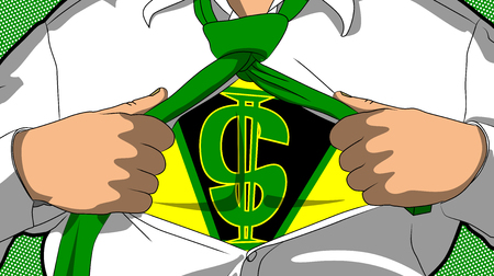 Illustration of businessman in superhero suit opening shirt in comic book style with dollar sign on chestのイラスト素材