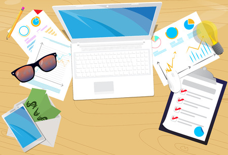 Top view of office desk. Vector illustrated cartoon background with Lap top,smart phone, notebook, pencil and charts on papers.のイラスト素材
