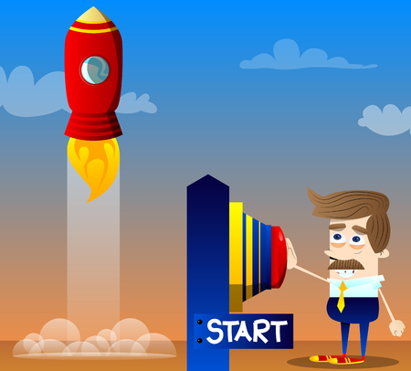 Happy smiling successful businessman pushing the start button. Start up business concept. Vector cartoon character illustration.のイラスト素材