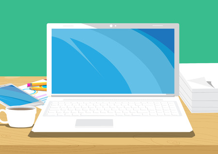 Office desk. Vector illustrated cartoon background with Lap top,smart phone, coffee, pencil and charts on papers.のイラスト素材