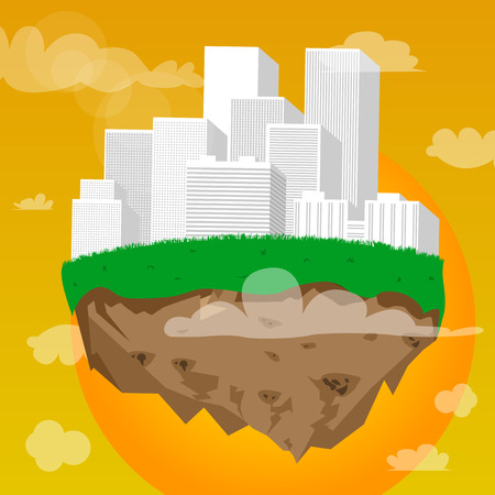 Floating city in sky at sunset. Vector cartoon illustration.のイラスト素材