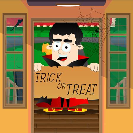 Halloween greeting card. Kid dressed as vampire, standing in a door with a trick or treat banner.のイラスト素材