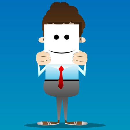 Business office worker hide his real face by holding happy, smiling, successful mood mask. Vector cartoon character illustration.のイラスト素材