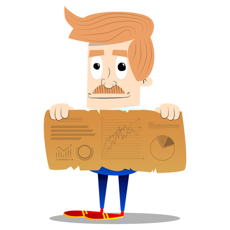 Happy smiling successful businessman showing graphs on old paper banner. Vector cartoon character illustration.のイラスト素材