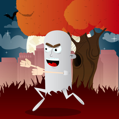 Celebrating Halloween In a ghost costume, City in the background. Vector cartoon illustration.のイラスト素材