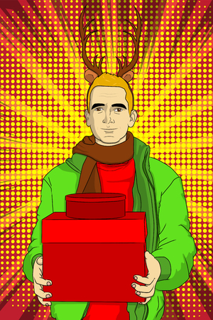 Vector illustration of a retro comic book man with gift boxes, wearing reindeer horns.のイラスト素材