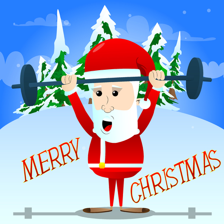 Weightlifter Santa Claus lifting barbell. Vector cartoon character illustration.のイラスト素材