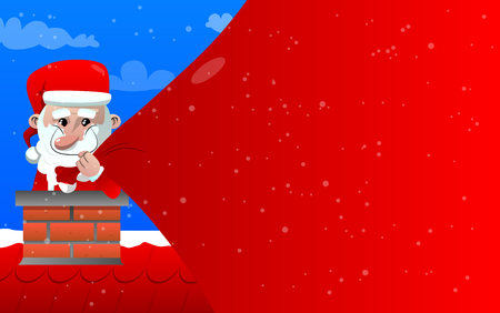 Santa Claus pulling huge bag of gifts with red copy space vector cartoon character illustration.のイラスト素材