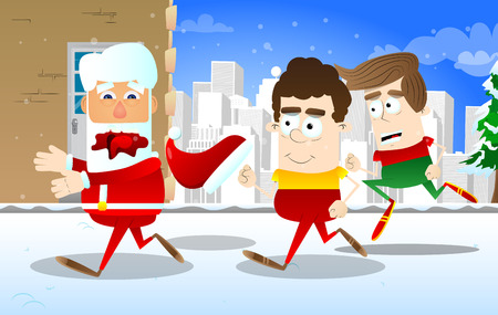 Santa Claus chased by kids. Vector cartoon character illustration.のイラスト素材