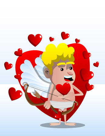 Cupid holding small red heart, with bow and arrow in the other hand. Vector cartoon character illustration.のイラスト素材