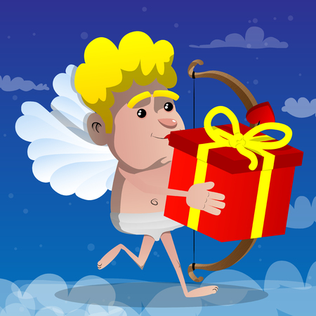 Cupid running with gift box, with bow and arrow in his hand. Vector cartoon character illustration.のイラスト素材