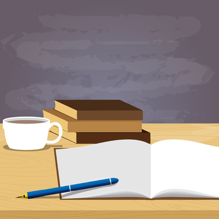 School books pen and coffee on desk, blackboard on the background, education concept. Vector cartoon style illustration.のイラスト素材