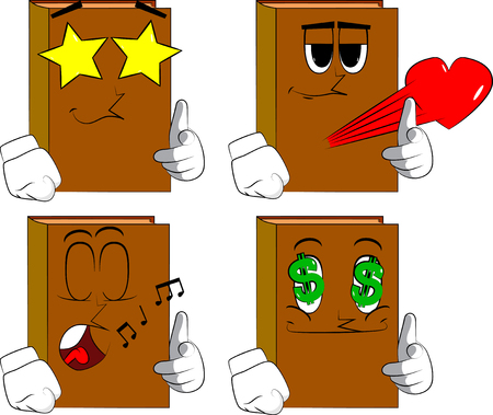 Books pointing at the viewer with his hand. Cartoon book collection with various faces. Expressions vector set.のイラスト素材