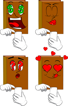 Books using a mobile phone. Cartoon book collection with various faces. Expressions vector set.のイラスト素材