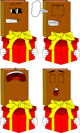 Books holding big gift box. Cartoon book collection with angry and sad faces. Expressions vector set.のイラスト素材