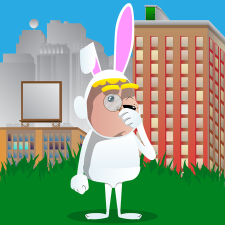 Boy dressed as Easter bunny holding a magnifying glass.のイラスト素材