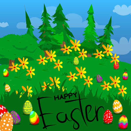 Happy Easter text and Easter eggs on a green meadow. Vector cartoon illustration.のイラスト素材