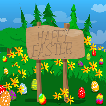Happy Easter text on a wooden board and colored eggs on a green meadow. Vector cartoon illustration.のイラスト素材