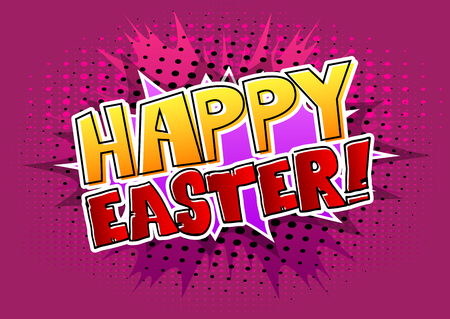 Happy Easter text on comic book background. Vector cartoon character illustration.のイラスト素材