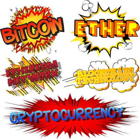 Crypto-currencies related words. Vector cartoon illustration set with comic book style.のイラスト素材