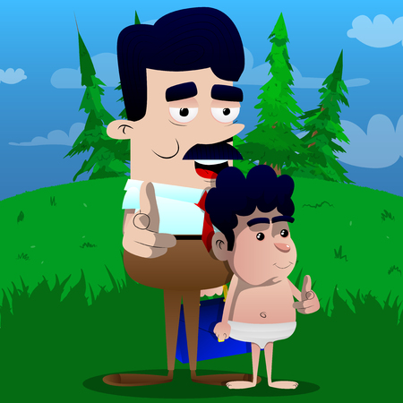 Happy smiling successful businessman and father pointing at the viewer with his hand with his son. Vector cartoon character illustration.のイラスト素材