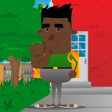Schoolboy showing deny or refuse hand gesture. Vector cartoon character illustration.のイラスト素材