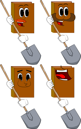 Books holding a shovel. Cartoon book collection with happy faces. Expressions vector set.のイラスト素材