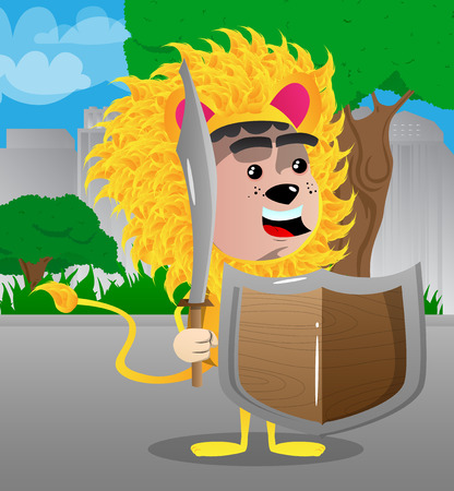 Boy dressed as lion holding a sword and shield. Vector cartoon character illustration.のイラスト素材
