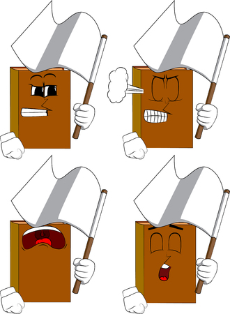 Books holding white flag of surrender. Cartoon book collection with angry and sad faces. Expressions vector set.のイラスト素材