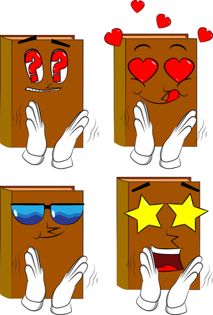 Books with clapping hands. Cartoon book collection with various faces. Expressions vector set.のイラスト素材