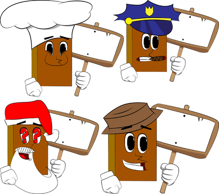 Books holding blank sign. Cartoon book collection with costume faces. Expressions vector set.のイラスト素材