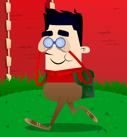 Schoolboy looking through binoculars. Vector cartoon character illustration.のイラスト素材