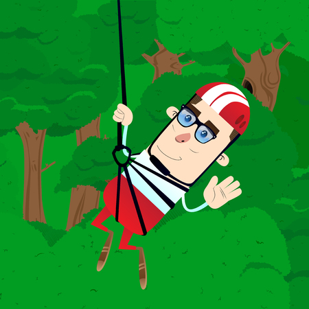 Boy ziplining. Vector cartoon character illustration.のイラスト素材